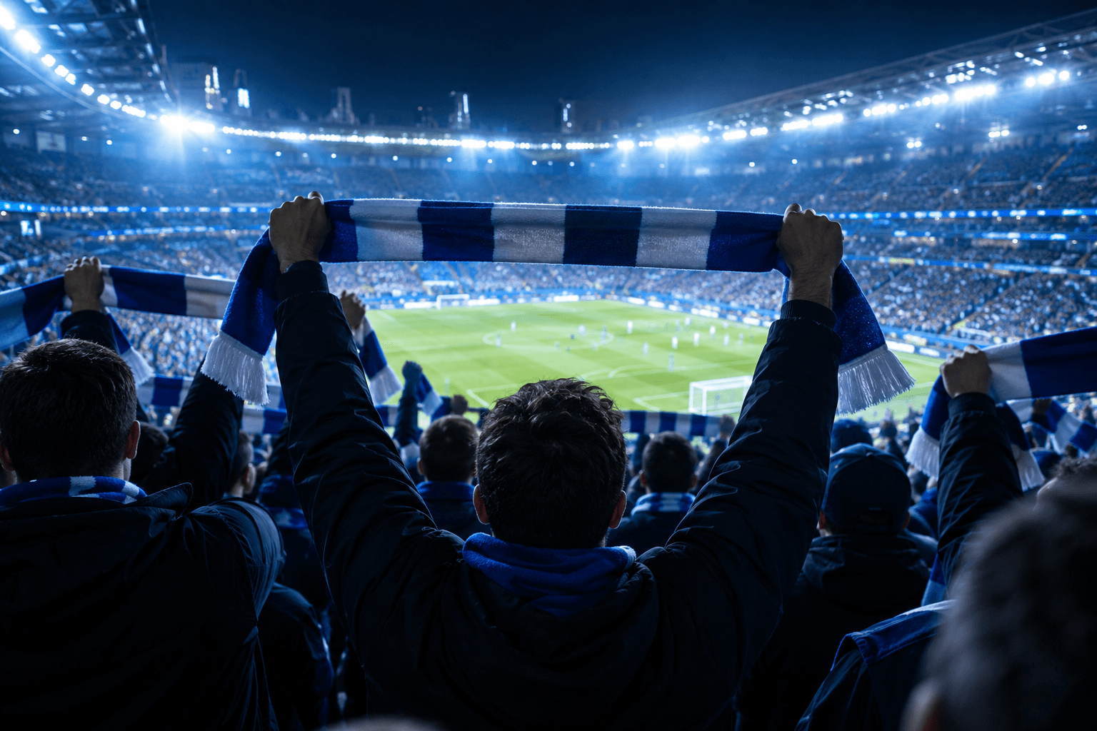 Supporters raising their scarves under stadium floodlights